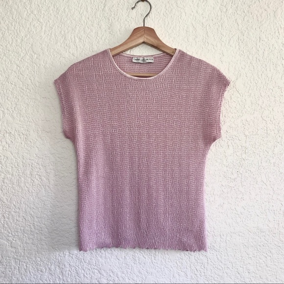 Vintage Tops - VINTAGE CRINKLE BABY PINK TEE WITH SCALLOP HEM